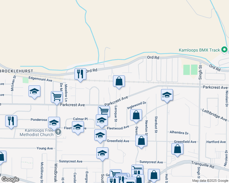 map of restaurants, bars, coffee shops, grocery stores, and more near 1150 Laroque Street in Kamloops