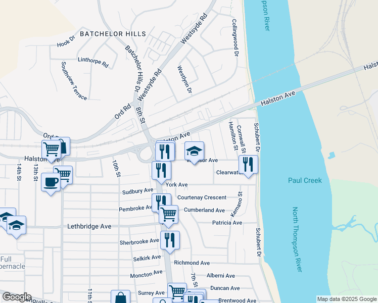 map of restaurants, bars, coffee shops, grocery stores, and more near 1326 Ottawa Place in Kamloops