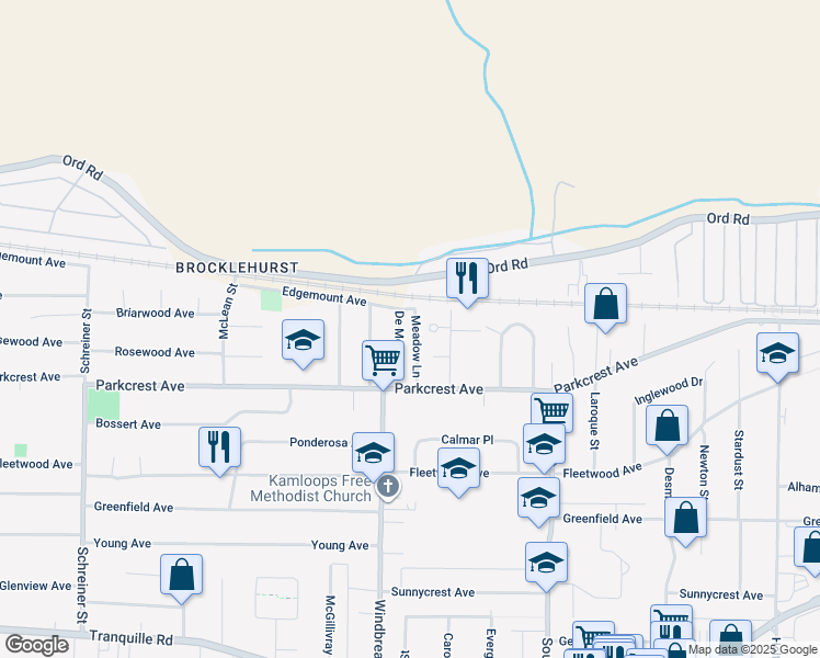 map of restaurants, bars, coffee shops, grocery stores, and more near 1153 De Monte Street in Kamloops