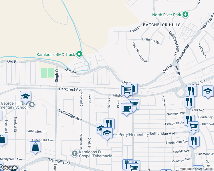 map of restaurants, bars, coffee shops, grocery stores, and more near 1420 Halston Avenue in Kamloops