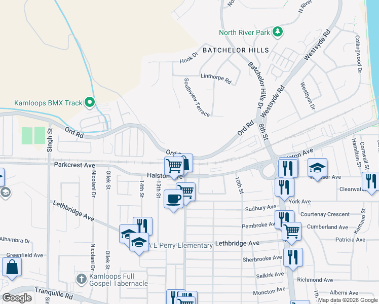 map of restaurants, bars, coffee shops, grocery stores, and more near 1100 Ord Road in Kamloops