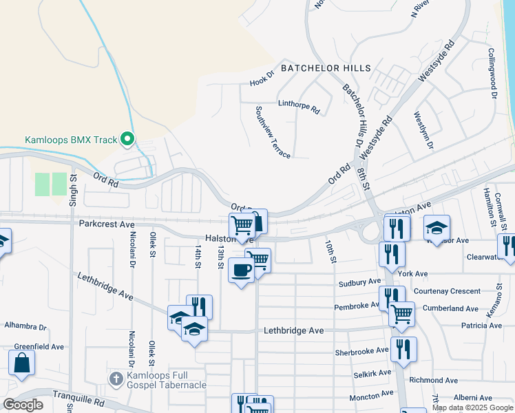 map of restaurants, bars, coffee shops, grocery stores, and more near 1100 Ord Road in Kamloops