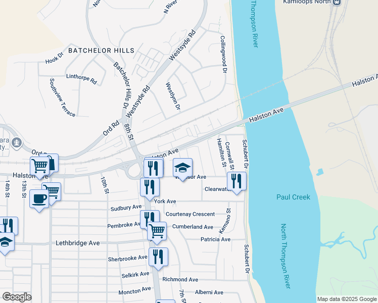 map of restaurants, bars, coffee shops, grocery stores, and more near 1374 Nanaimo Street in Kamloops