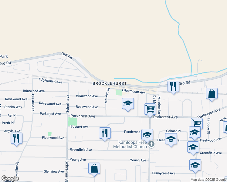 map of restaurants, bars, coffee shops, grocery stores, and more near 2255 Edgemount Avenue in Kamloops
