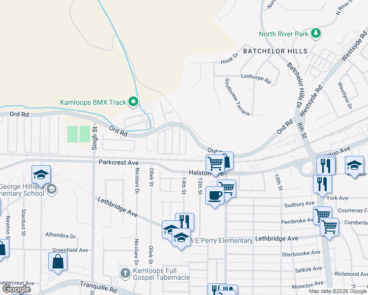 map of restaurants, bars, coffee shops, grocery stores, and more near 1375 Ord Road in Kamloops