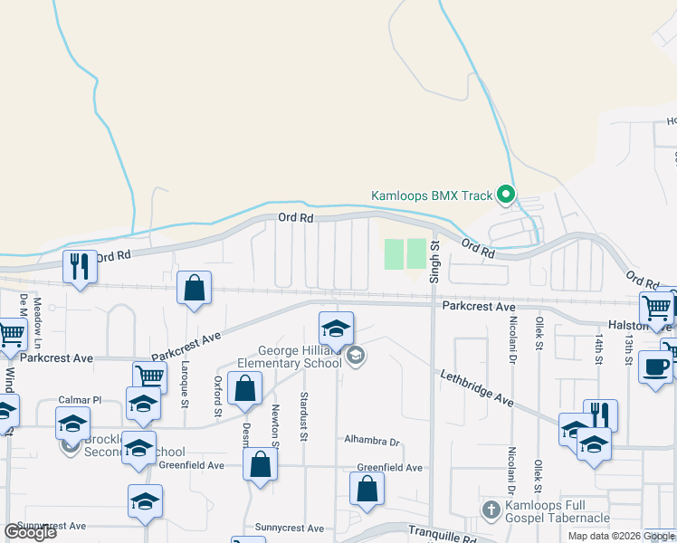 map of restaurants, bars, coffee shops, grocery stores, and more near 1655 Ord Road in Kamloops