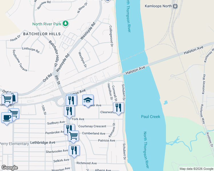 map of restaurants, bars, coffee shops, grocery stores, and more near 1379 Hamilton Street in Kamloops