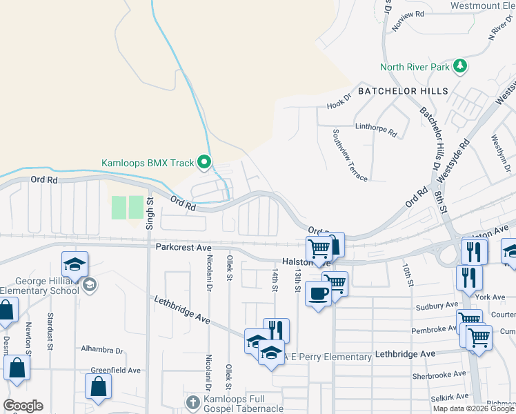 map of restaurants, bars, coffee shops, grocery stores, and more near 1375 Ord Road in Kamloops