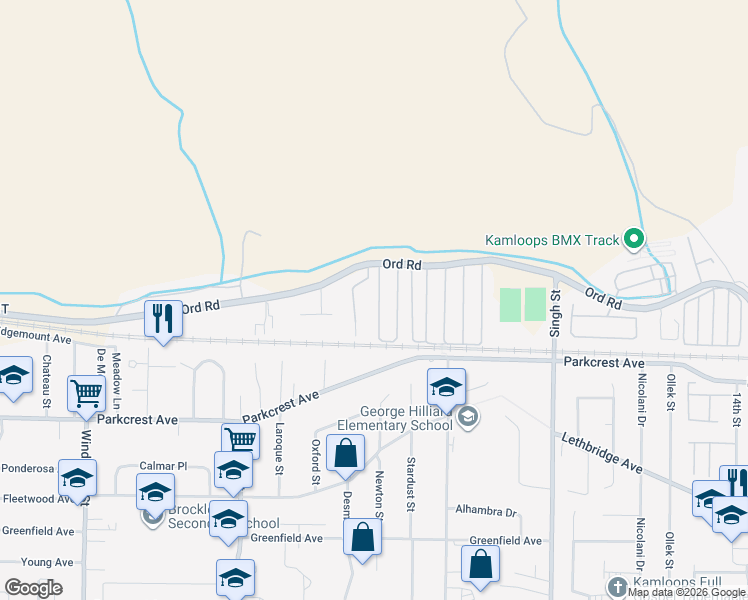 map of restaurants, bars, coffee shops, grocery stores, and more near 1755 Ord Road in Kamloops