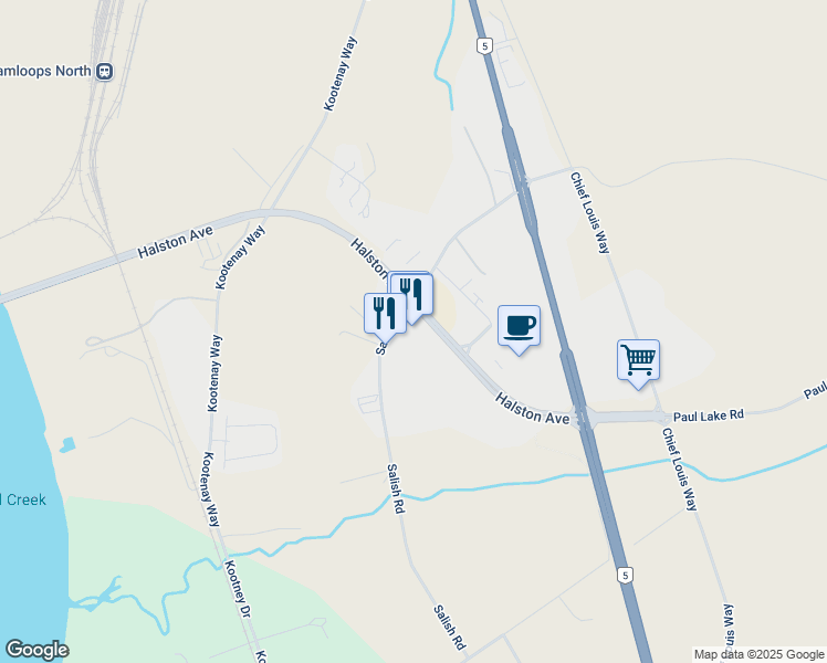 map of restaurants, bars, coffee shops, grocery stores, and more near 1271 Salish Road in Kamloops