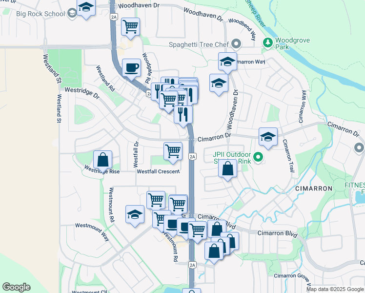 map of restaurants, bars, coffee shops, grocery stores, and more near 61 Westfall Crescent in Okotoks