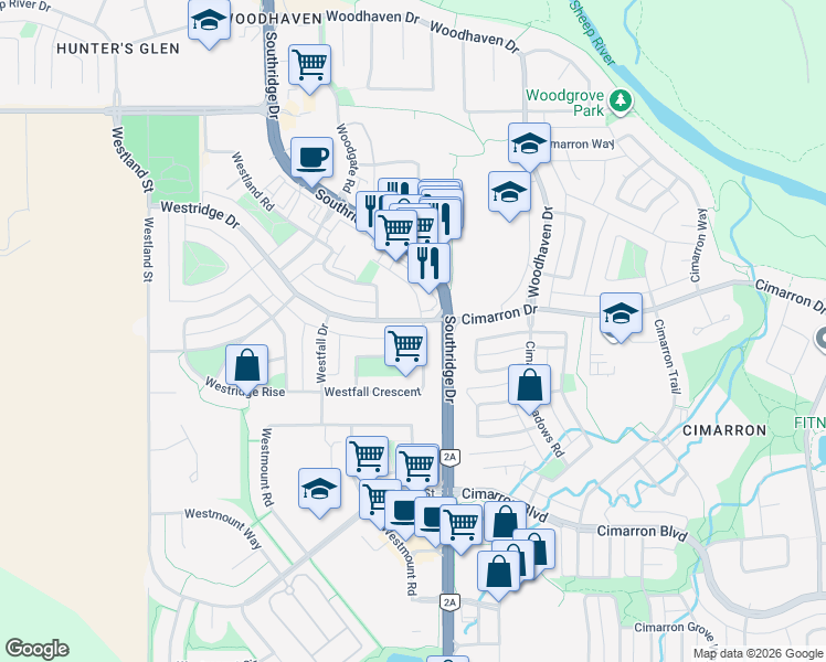 map of restaurants, bars, coffee shops, grocery stores, and more near 61 Westfall Crescent in Okotoks