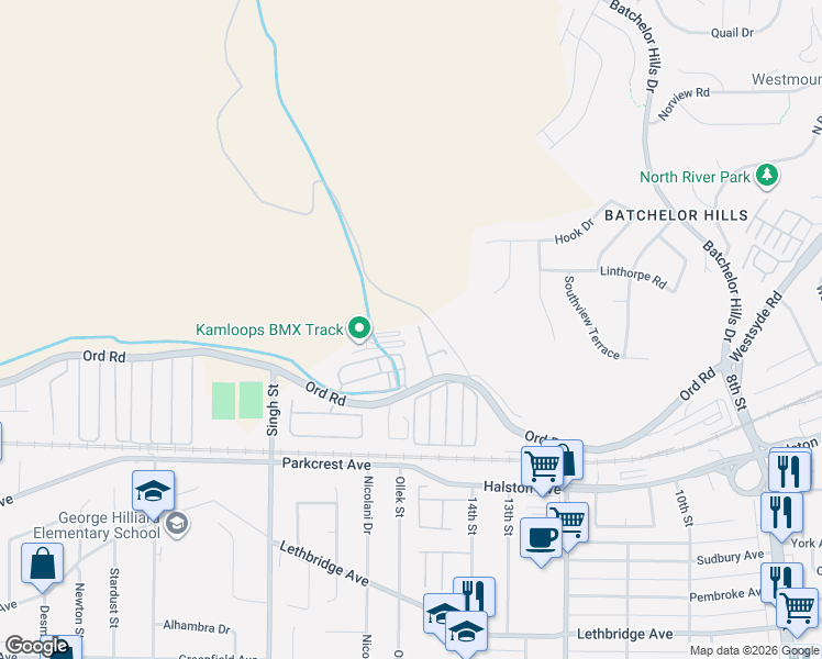 map of restaurants, bars, coffee shops, grocery stores, and more near 1440 Ord Road in Kamloops