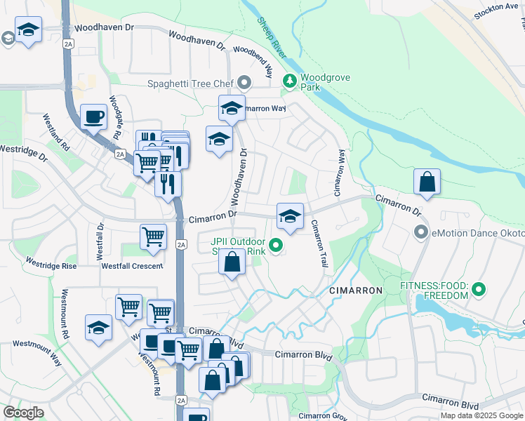 map of restaurants, bars, coffee shops, grocery stores, and more near 38 Cimarron Drive in Okotoks