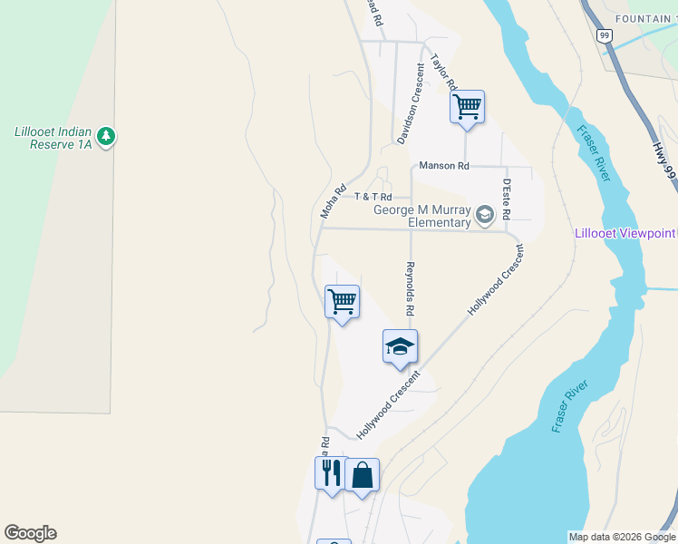 map of restaurants, bars, coffee shops, grocery stores, and more near 114 Hollywood Crescent in Lillooet