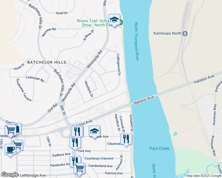 map of restaurants, bars, coffee shops, grocery stores, and more near 589 Collingwood Drive in Kamloops