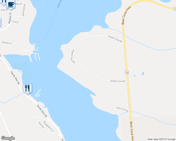 map of restaurants, bars, coffee shops, grocery stores, and more near Jensen Cove Road in Port Hardy