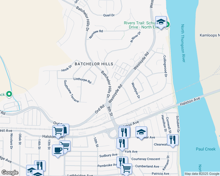 map of restaurants, bars, coffee shops, grocery stores, and more near Batchelor Hills Drive in Kamloops