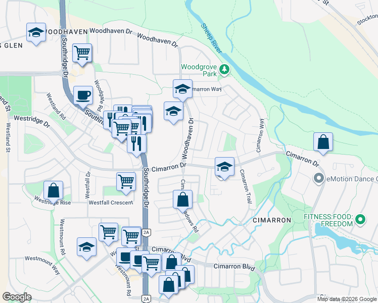 map of restaurants, bars, coffee shops, grocery stores, and more near 246 Woodhaven Drive in Okotoks