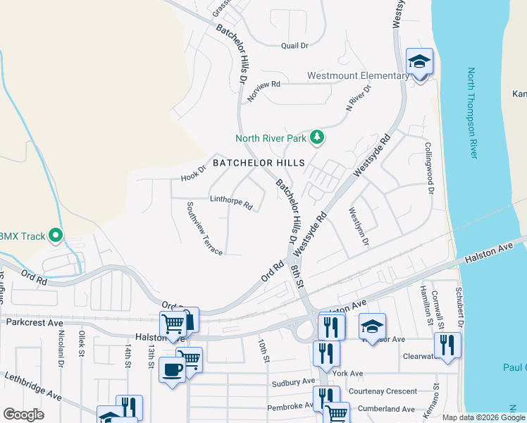 map of restaurants, bars, coffee shops, grocery stores, and more near 991 Linthorpe Road in Kamloops