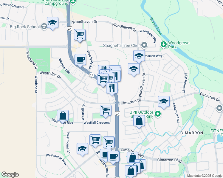 map of restaurants, bars, coffee shops, grocery stores, and more near Southridge Drive in Okotoks