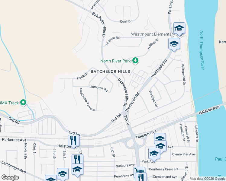 map of restaurants, bars, coffee shops, grocery stores, and more near 991 Linthorpe Road in Kamloops