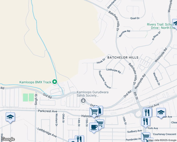 map of restaurants, bars, coffee shops, grocery stores, and more near 1598 Napier Place in Kamloops