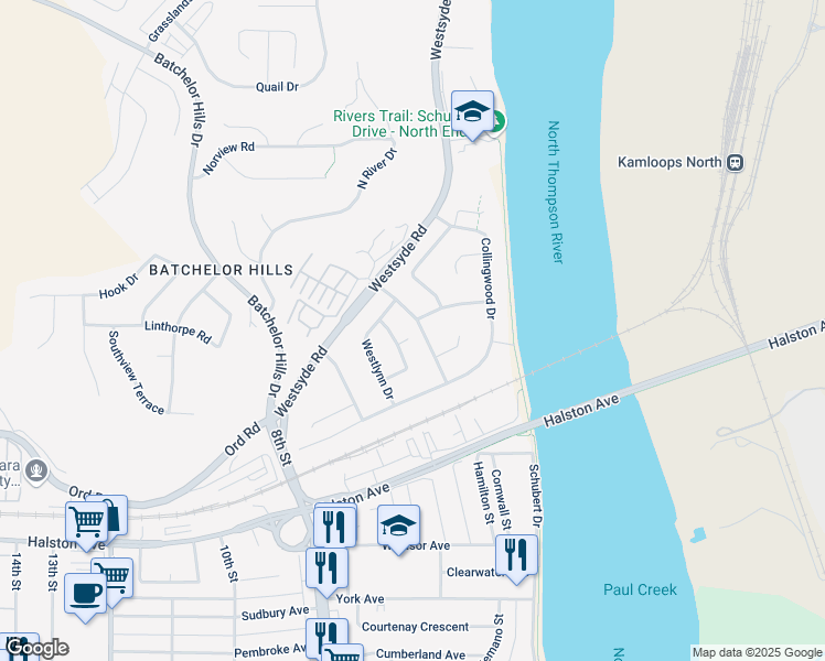 map of restaurants, bars, coffee shops, grocery stores, and more near 1579 Westmount Drive in Kamloops