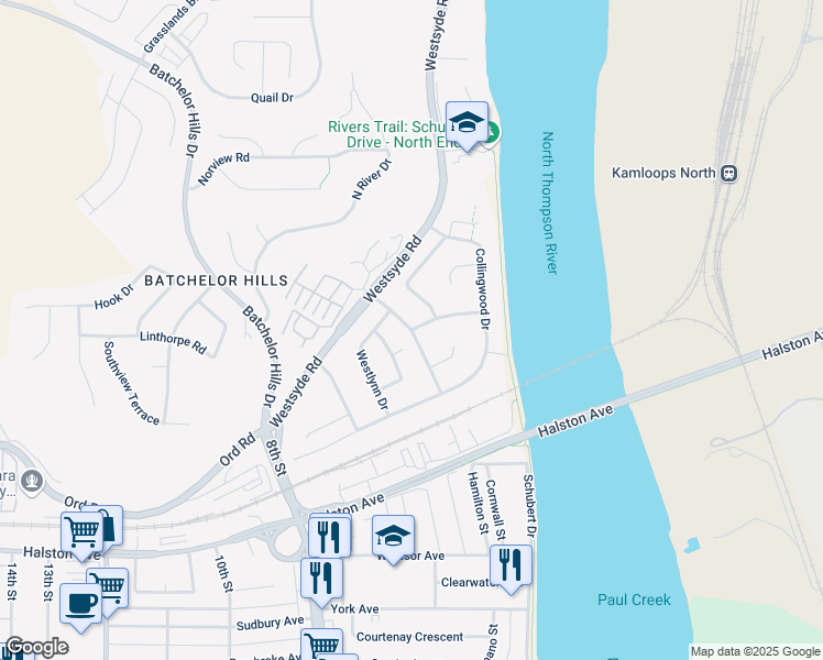 map of restaurants, bars, coffee shops, grocery stores, and more near Westmount Drive in Kamloops