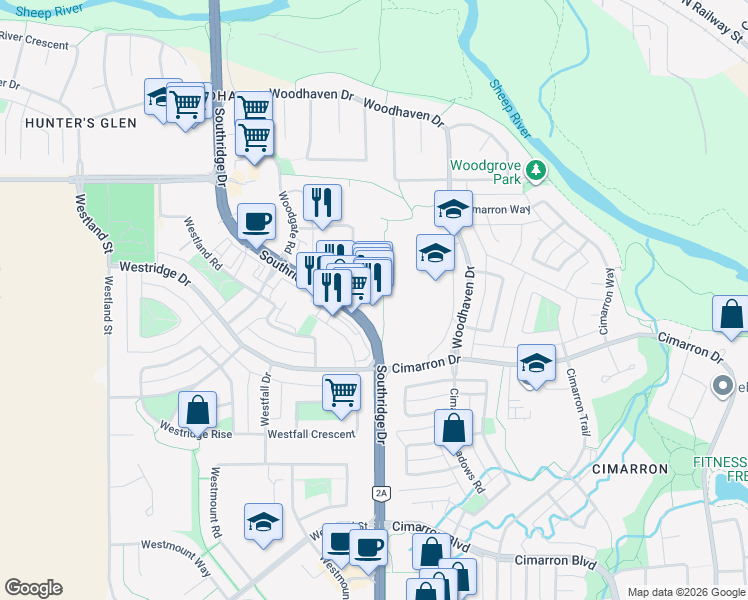 map of restaurants, bars, coffee shops, grocery stores, and more near 229 Woodhaven Drive in Okotoks