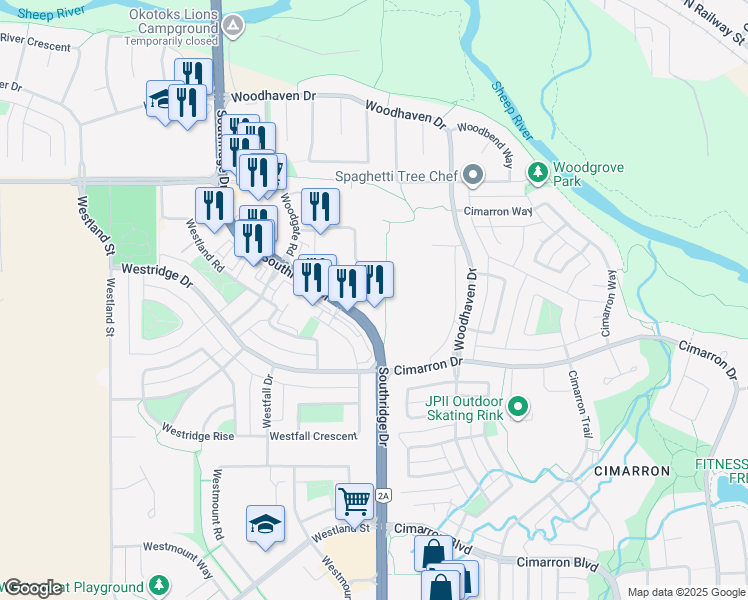 map of restaurants, bars, coffee shops, grocery stores, and more near 31 Southridge Drive in Okotoks