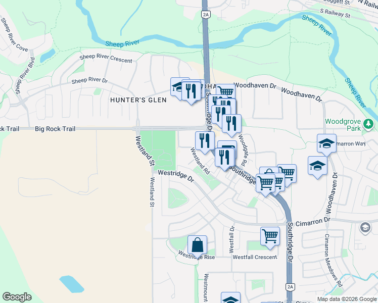 map of restaurants, bars, coffee shops, grocery stores, and more near 47 Westland Road in Okotoks