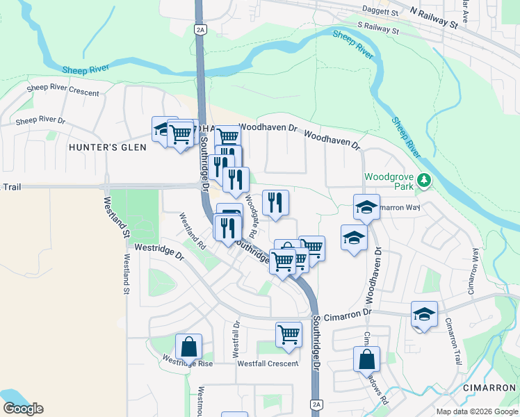 map of restaurants, bars, coffee shops, grocery stores, and more near 200 Community Way in Okotoks
