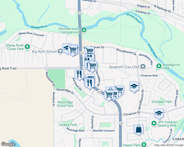 map of restaurants, bars, coffee shops, grocery stores, and more near 420 Big Rock Lane in Okotoks