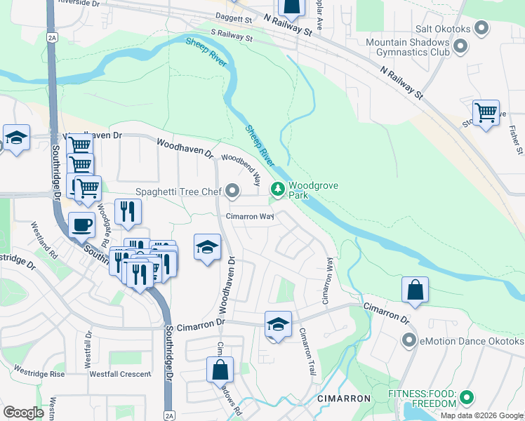 map of restaurants, bars, coffee shops, grocery stores, and more near 20 Cimarron Way in Okotoks