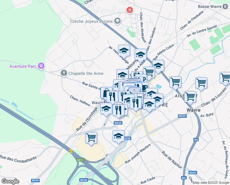map of restaurants, bars, coffee shops, grocery stores, and more near 110 Rue de la Limite in Wavre