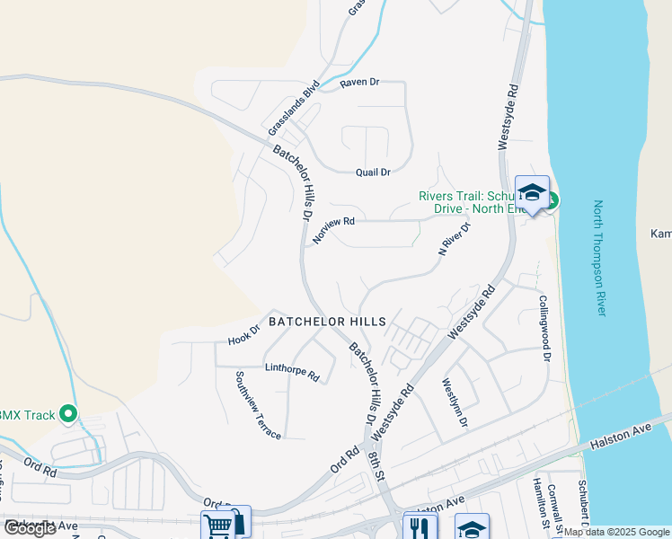 map of restaurants, bars, coffee shops, grocery stores, and more near 1749 Pennask Terrace in Kamloops