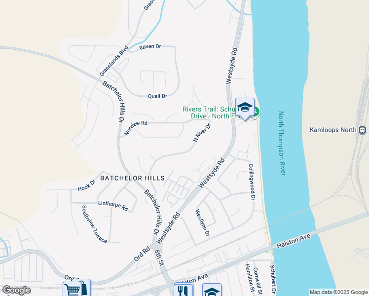map of restaurants, bars, coffee shops, grocery stores, and more near 1760 North River Drive in Kamloops