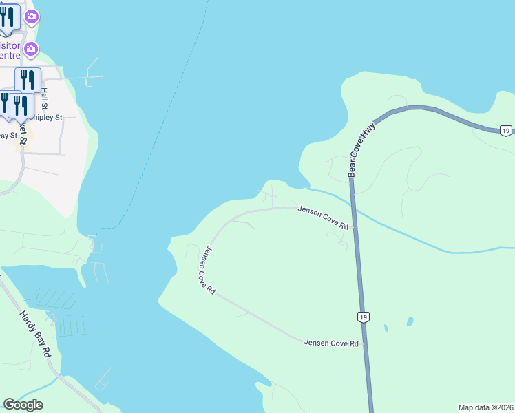 map of restaurants, bars, coffee shops, grocery stores, and more near Jensen Cove Road in Port Hardy