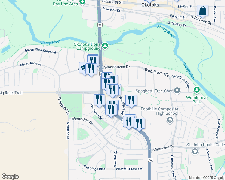 map of restaurants, bars, coffee shops, grocery stores, and more near 420 Big Rock Lane in Okotoks
