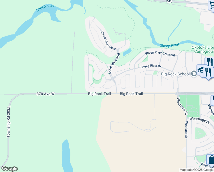 map of restaurants, bars, coffee shops, grocery stores, and more near 3 Sheep River Hill in Okotoks