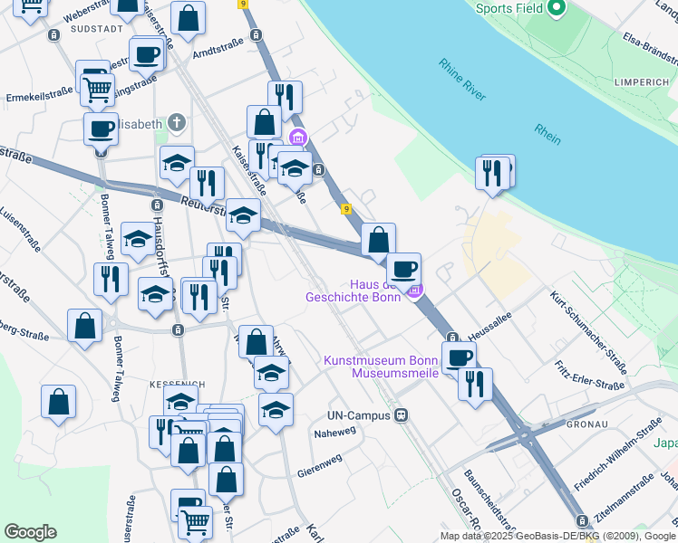 map of restaurants, bars, coffee shops, grocery stores, and more near 2 Bundeskanzlerplatz in Bonn