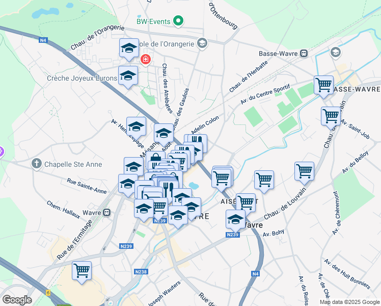 map of restaurants, bars, coffee shops, grocery stores, and more near 11 Chaussée de Bruxelles in Wavre