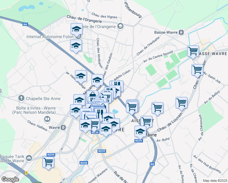 map of restaurants, bars, coffee shops, grocery stores, and more near 11 Chaussée de Bruxelles in Wavre