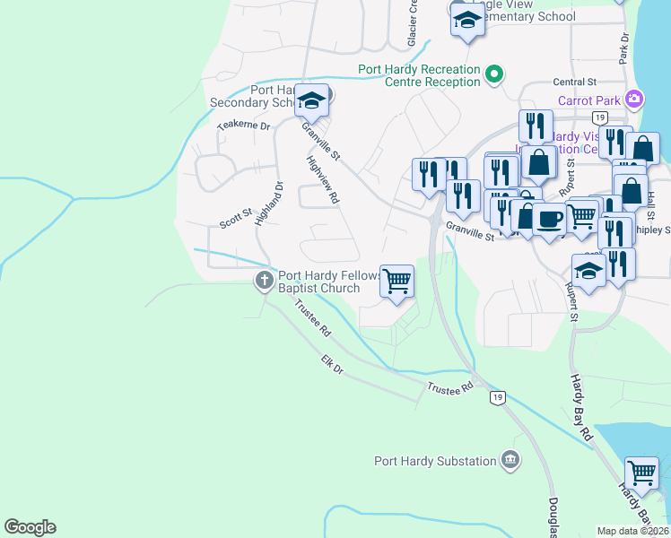 map of restaurants, bars, coffee shops, grocery stores, and more near Thunderbird Way in Port Hardy