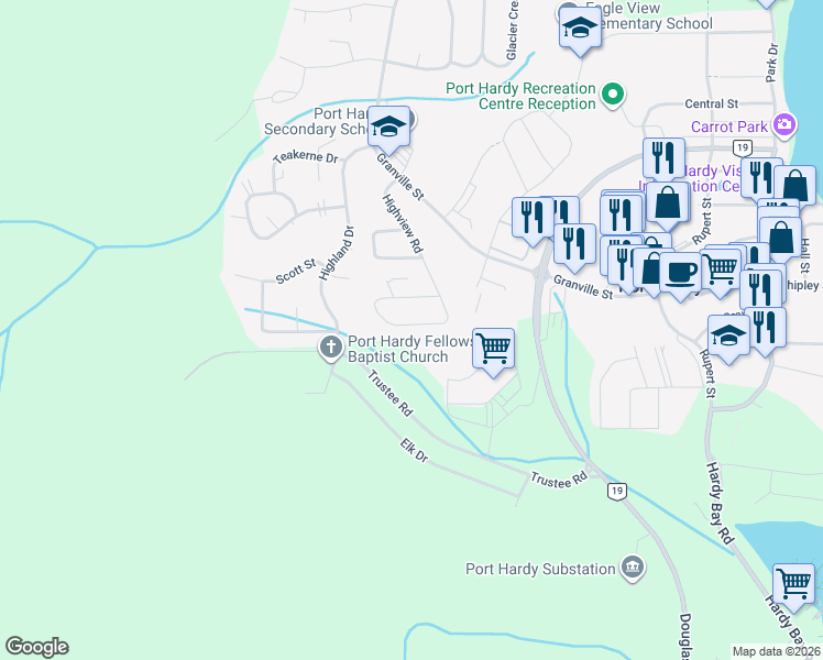 map of restaurants, bars, coffee shops, grocery stores, and more near Thunderbird Way in Port Hardy