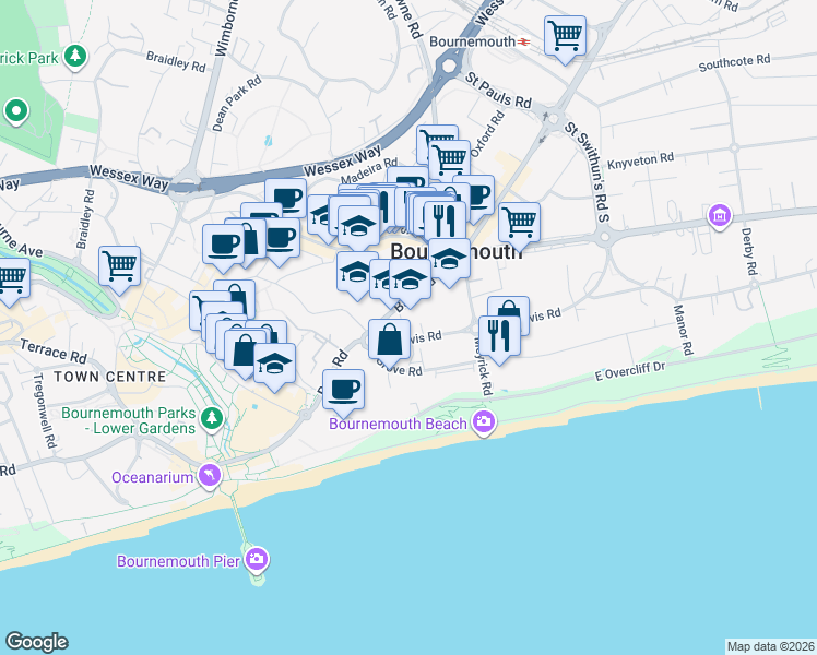 map of restaurants, bars, coffee shops, grocery stores, and more near 40 Gervis Road in Bournemouth
