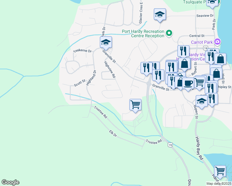 map of restaurants, bars, coffee shops, grocery stores, and more near 7100 Highview Road in Port Hardy