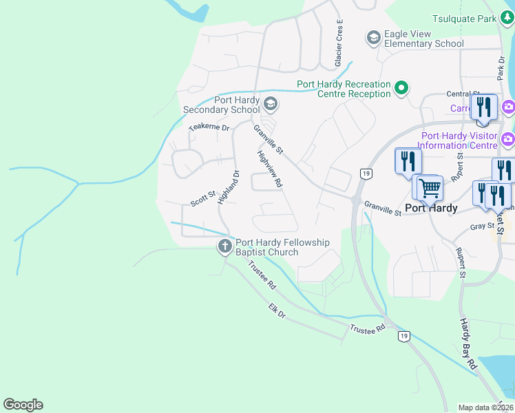 map of restaurants, bars, coffee shops, grocery stores, and more near 7135 Highland Dr in Port Hardy
