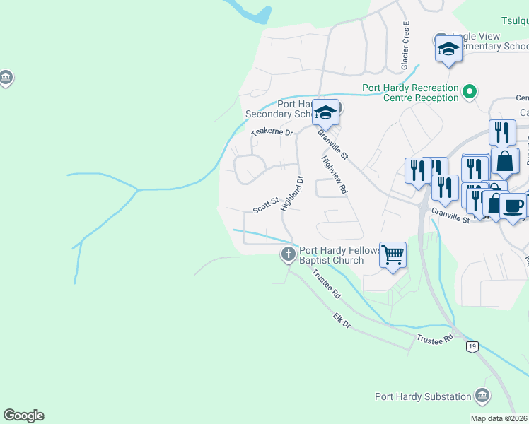 map of restaurants, bars, coffee shops, grocery stores, and more near 9503 Scott Street in Port Hardy